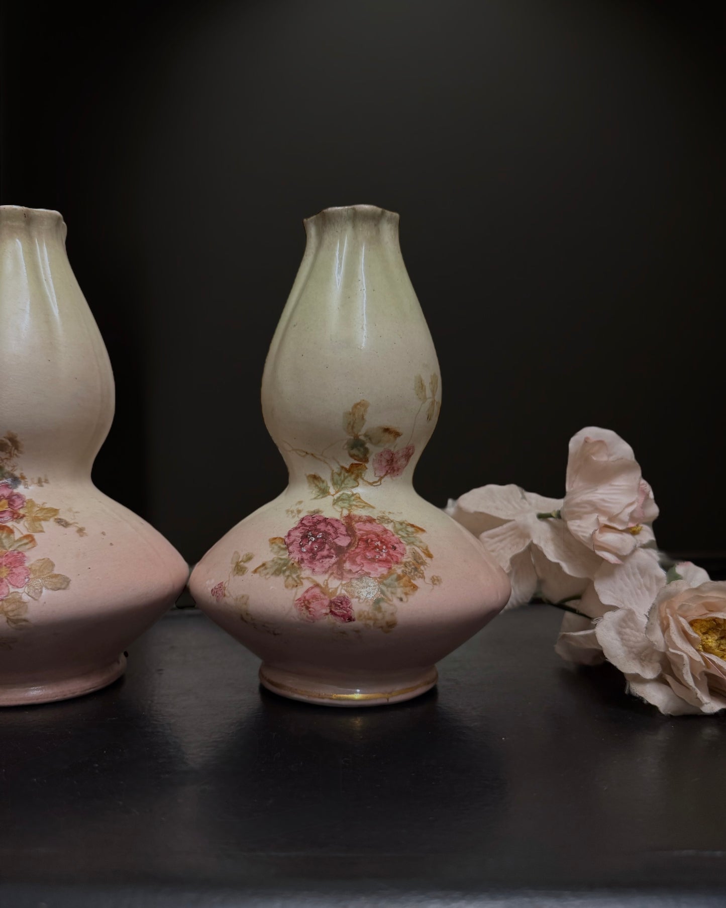 Pair of Hand-Painted Double Gourd Victorian English Vases (c. 1890-1900)