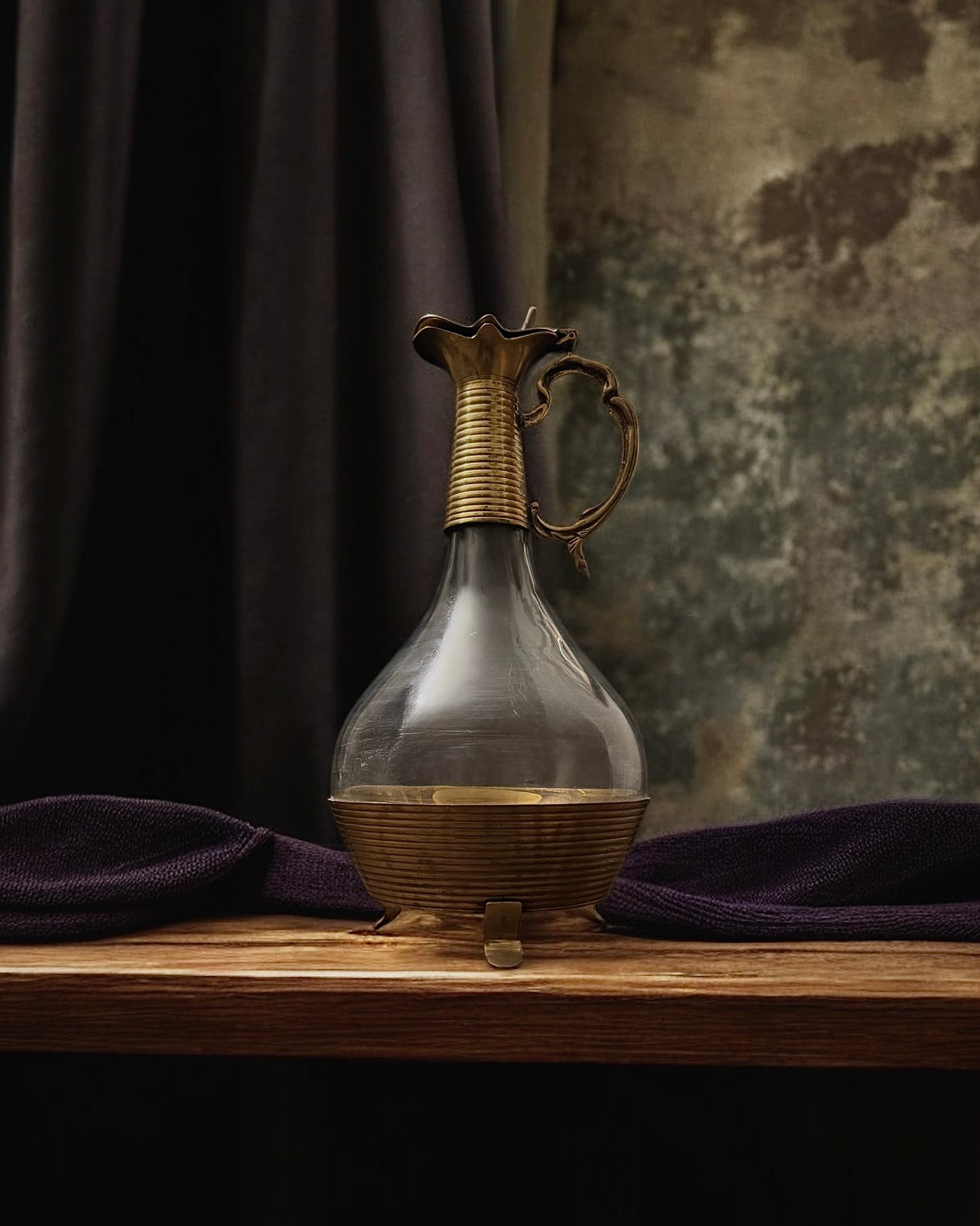 English Brass and Glass Ewer/Decanter (Late Victorian or Edwardian) Most Likely around 1900-1920.