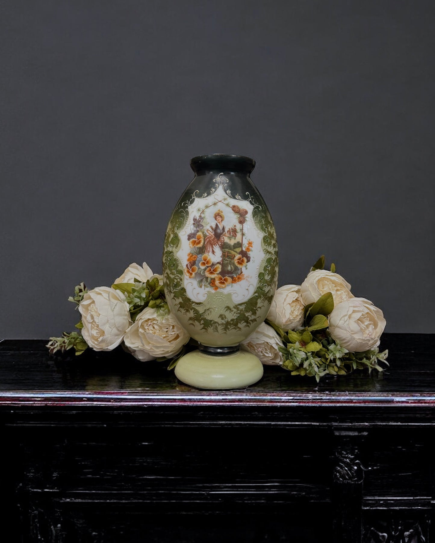 19th Century Victorian Bristol Glass Vase - Handpainted & Transfer Print, England, c.1870-80