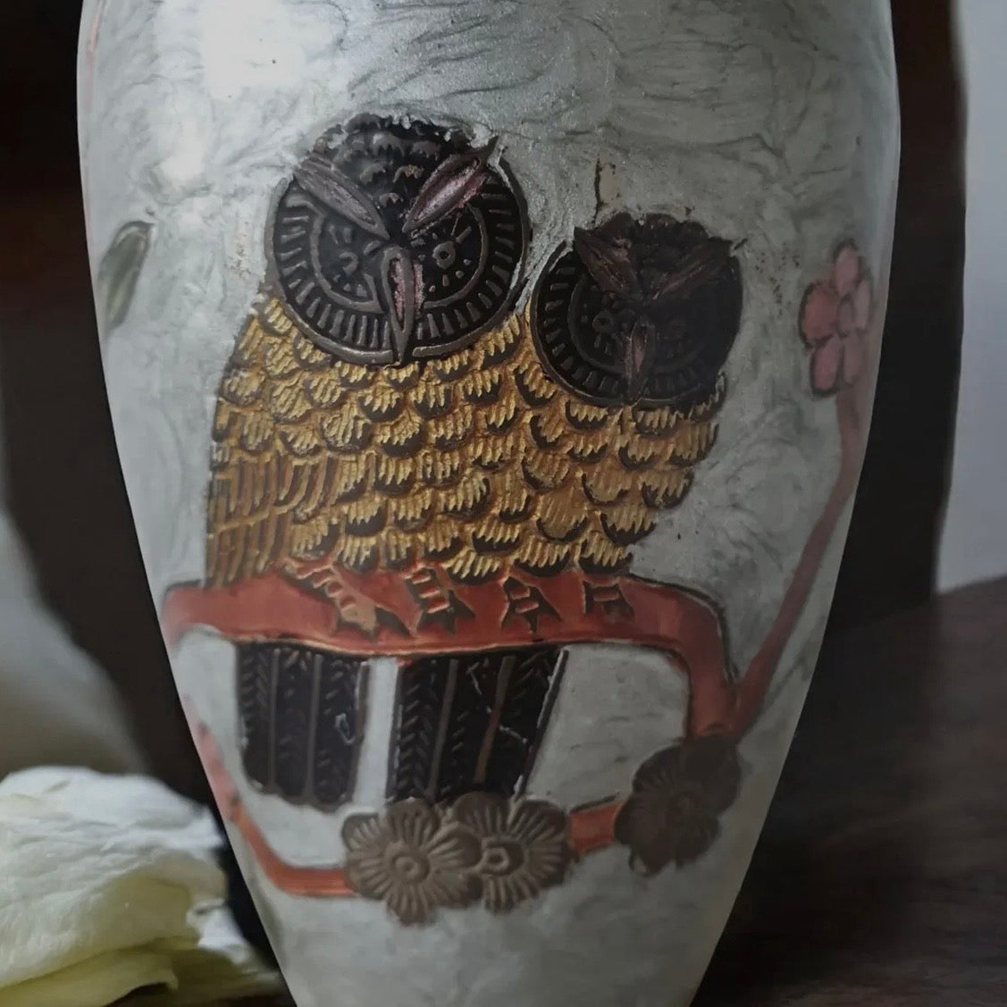 Vintage Asian Brass Vase - Hand-painted & Etched