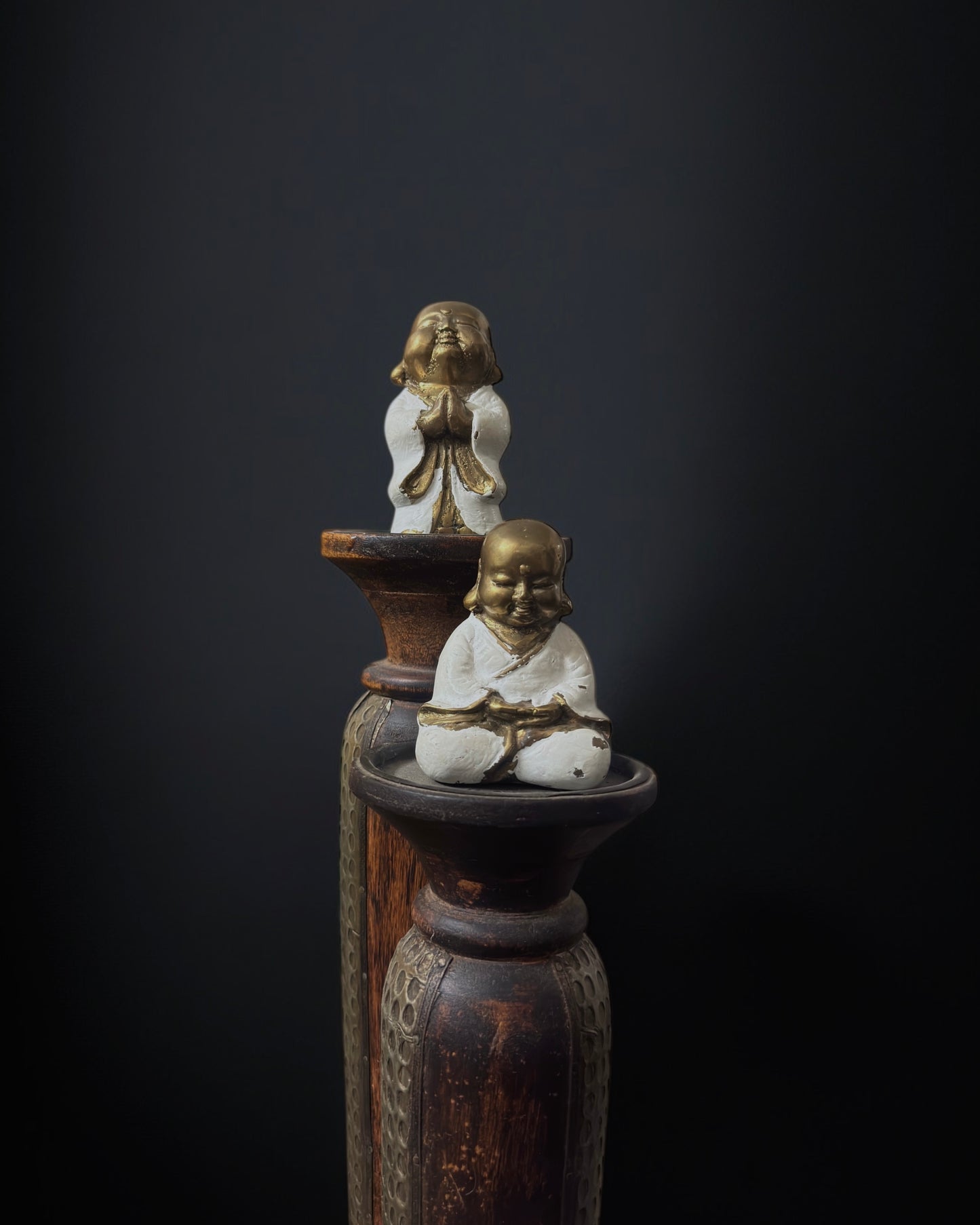Vintage Chinese Brass and Enamel Happy Buddha Figurines
