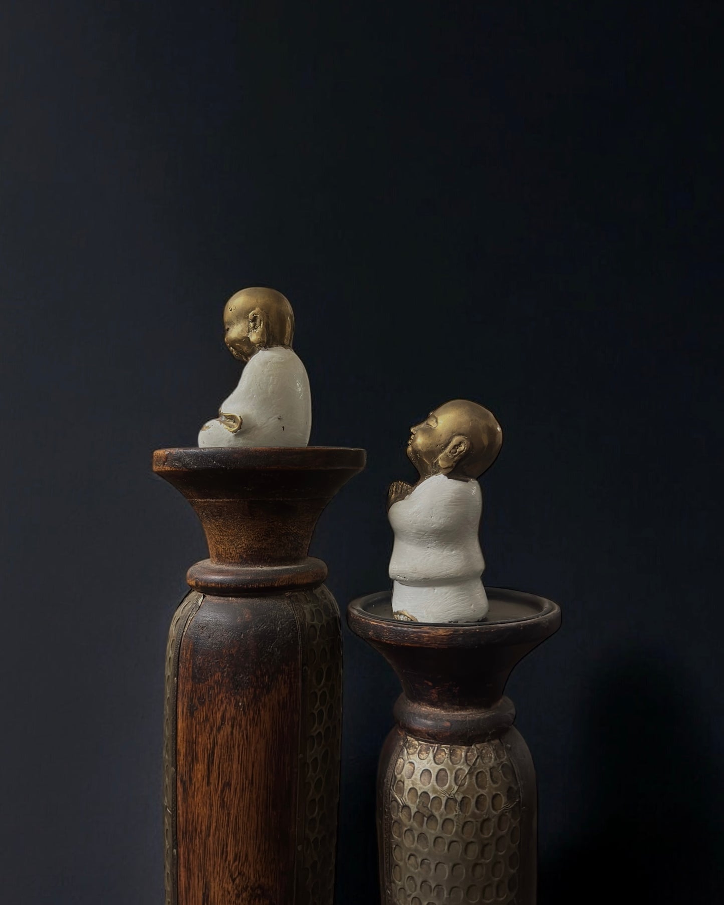 Vintage Chinese Brass and Enamel Happy Buddha Figurines