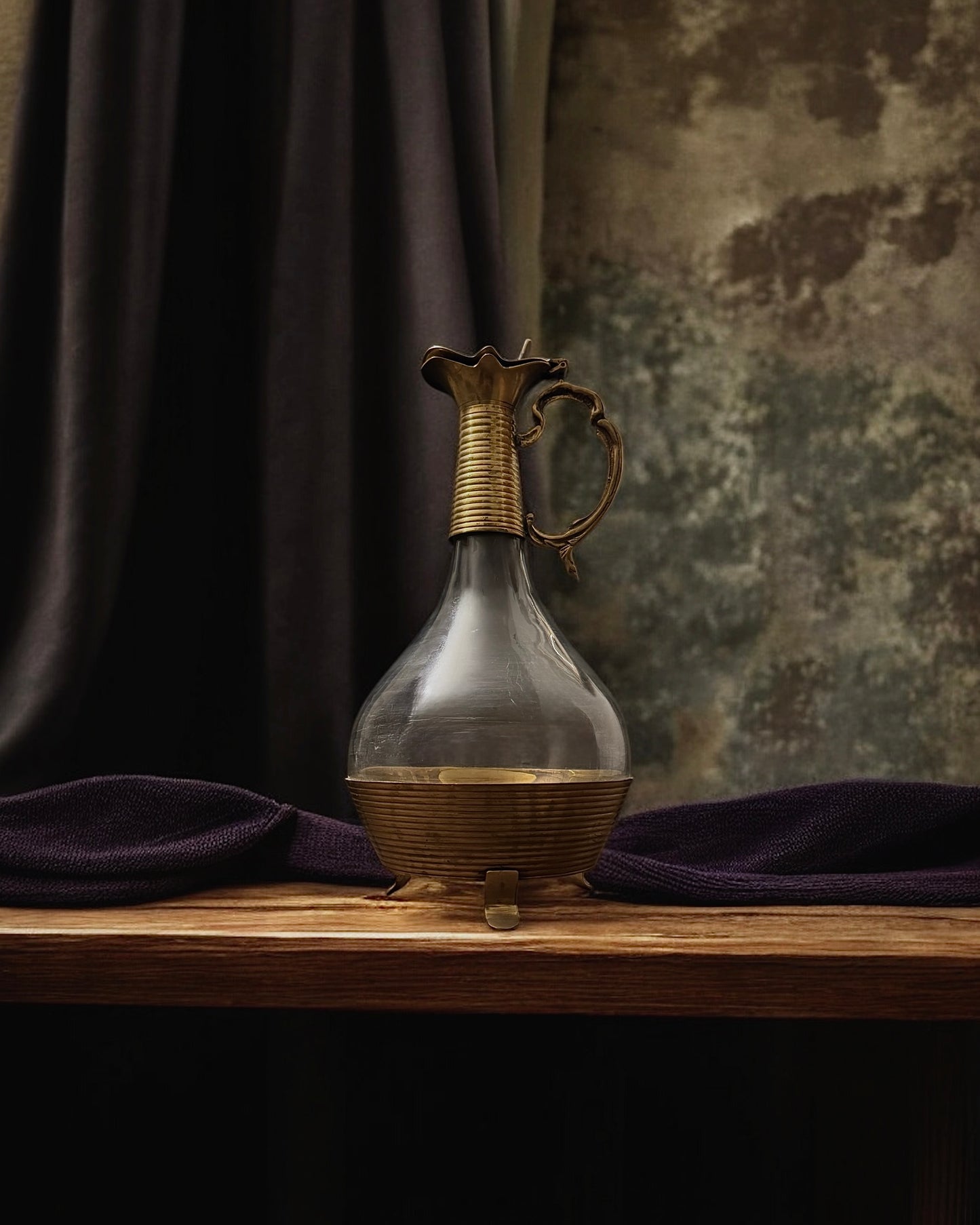 English Brass and Glass Ewer/Decanter (Late Victorian or Edwardian) Most Likely around 1900-1920.