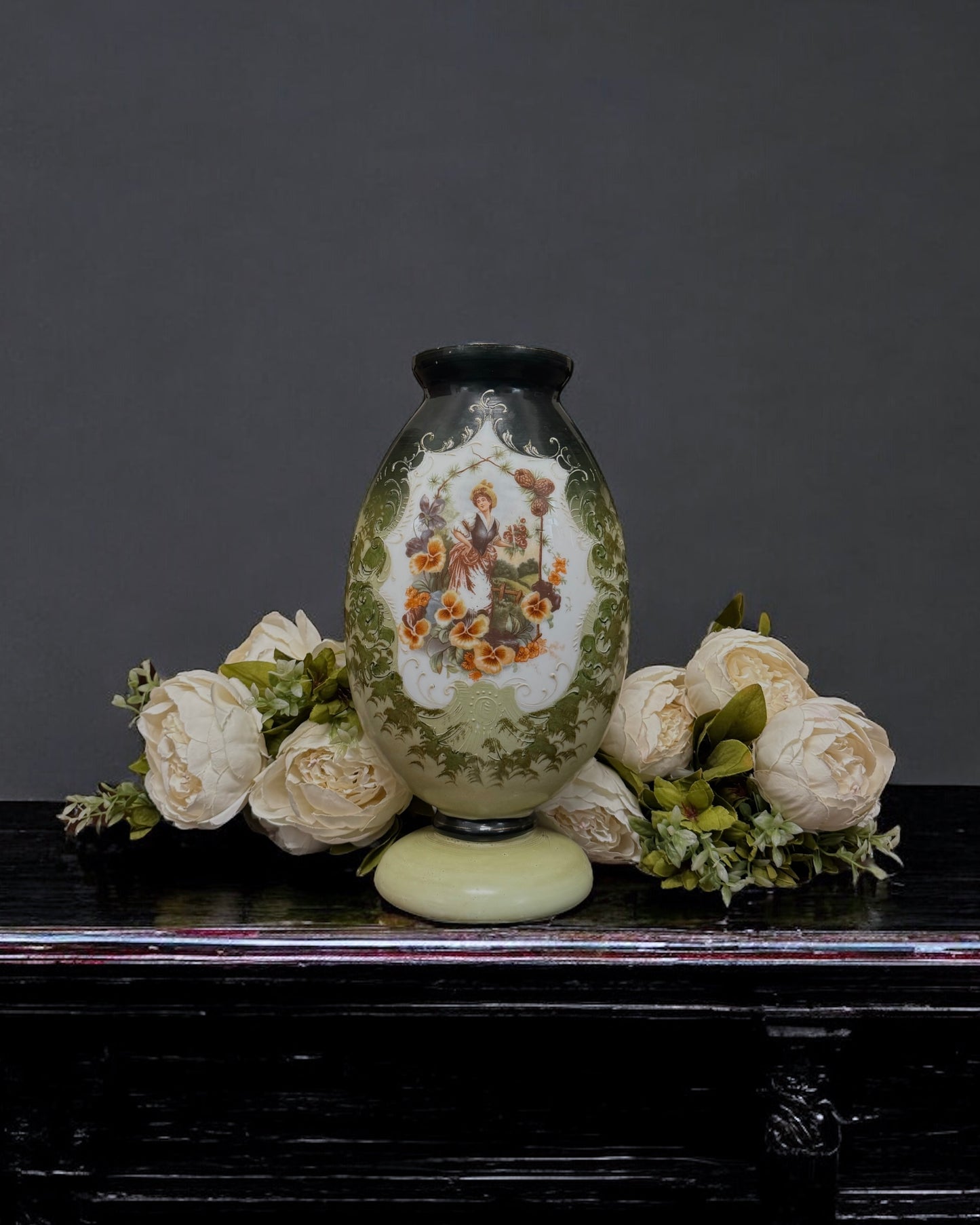 19th Century Victorian Bristol Glass Vase - Handpainted & Transfer Print, England, c.1870-80