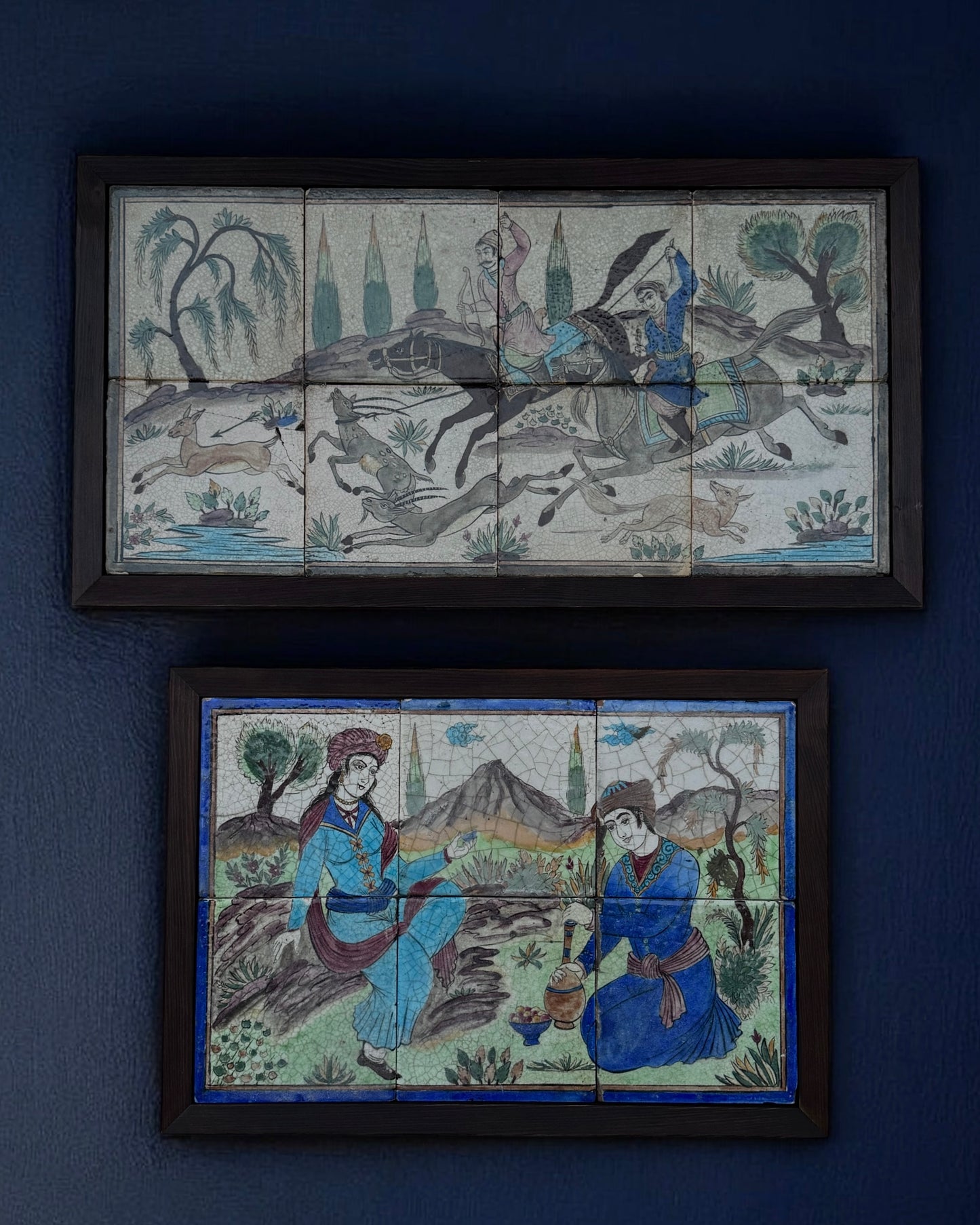 19th Century Persian Qajar Dynasty Pictorial Tiles, Two Framed Sets – Handmade & Hand-painted, Iran, mid 19th century