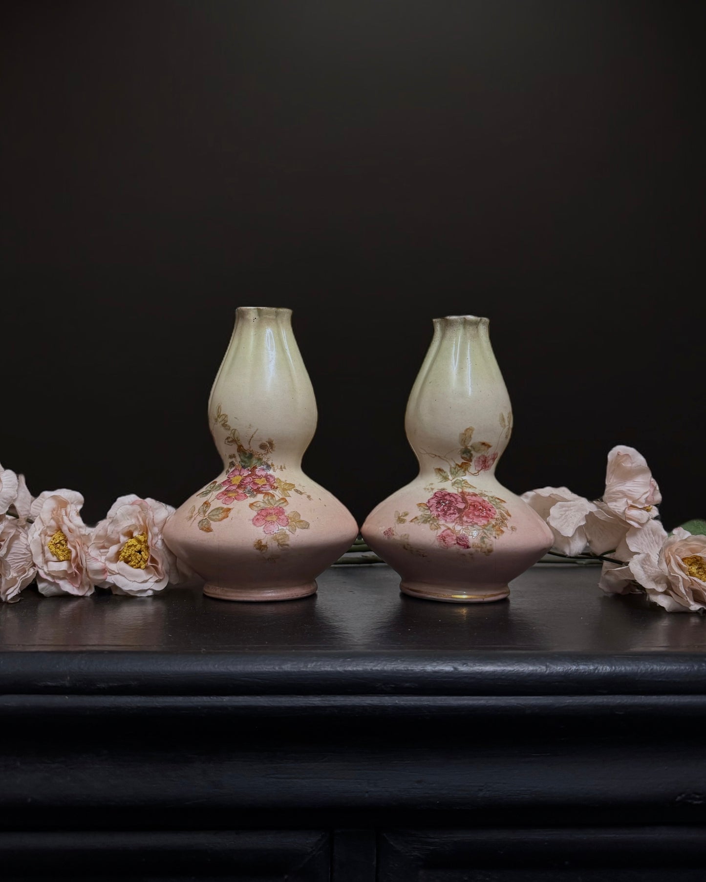 Pair of Hand-Painted Double Gourd Victorian English Vases (c. 1890-1900)