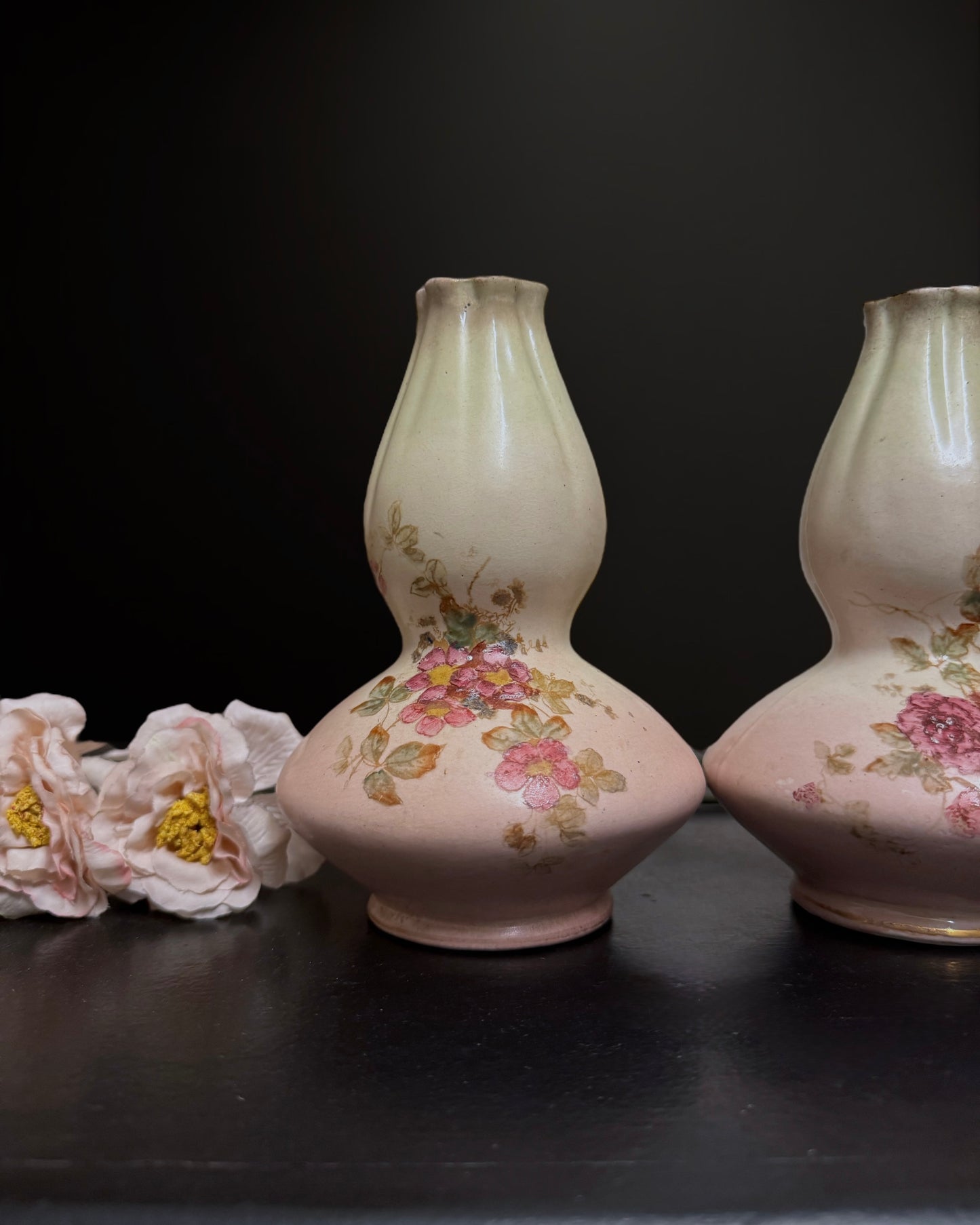 Pair of Hand-Painted Double Gourd Victorian English Vases (c. 1890-1900)