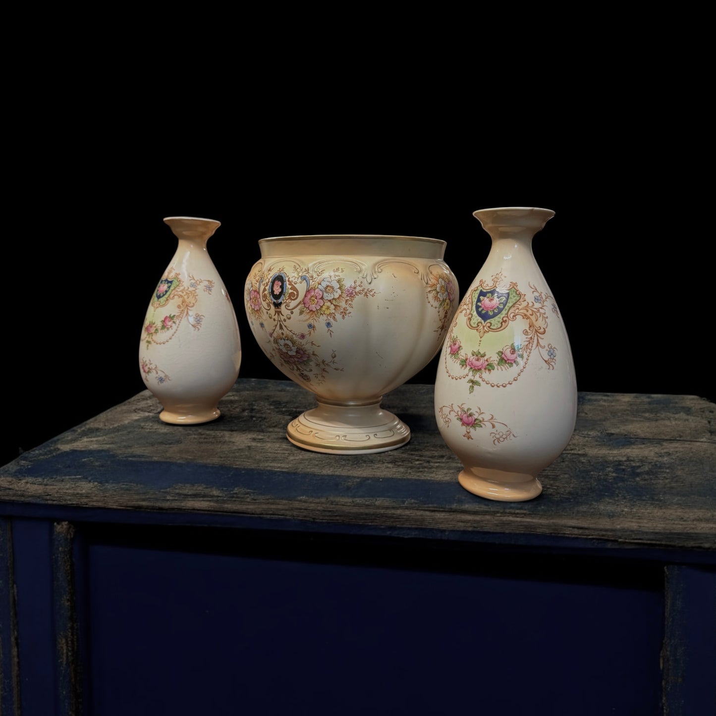 Antique English Crown Devon Fielding’s “Thames” Pattern 3-Piece Set - Circa 1917–1925.