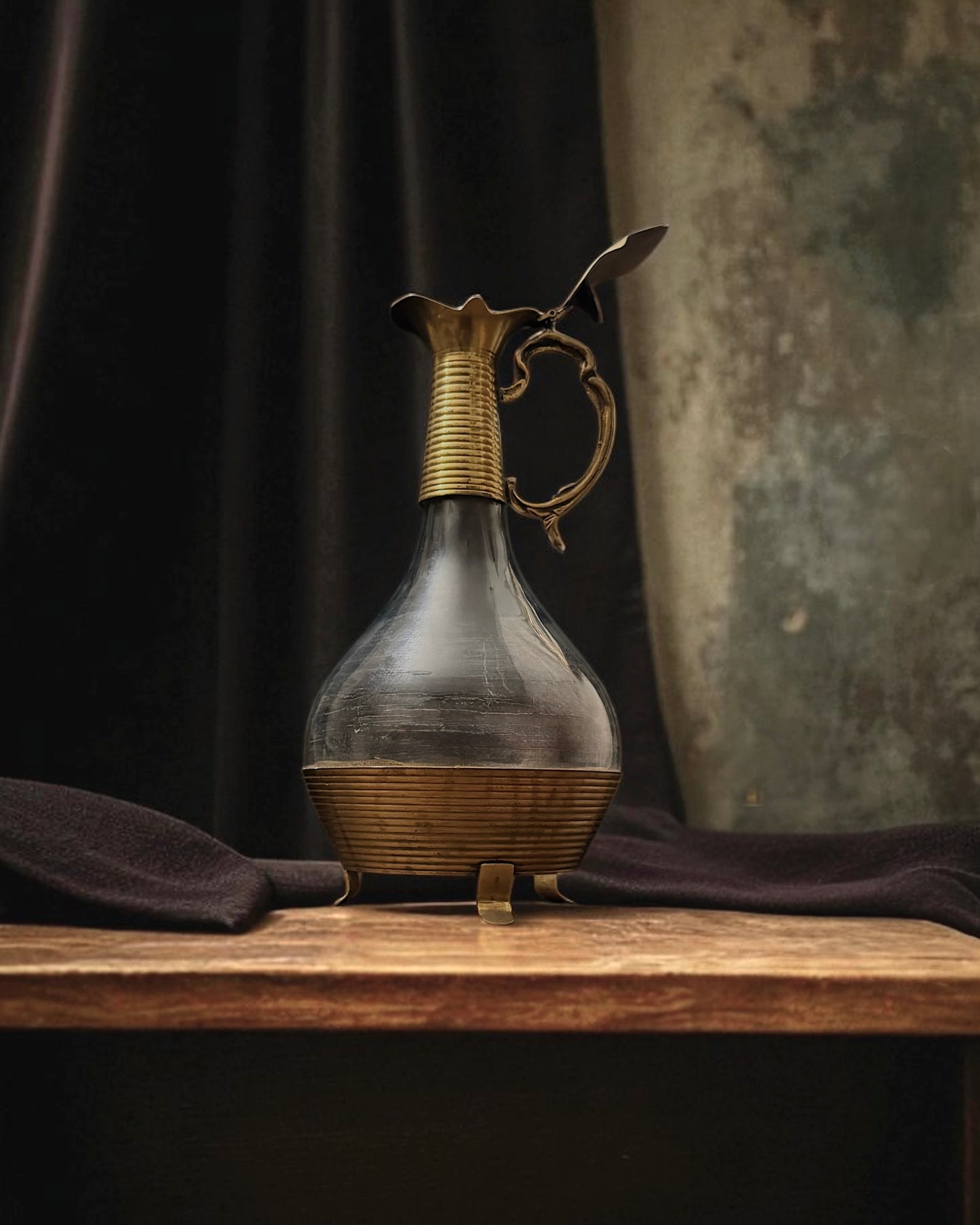 English Brass and Glass Ewer/Decanter (Late Victorian or Edwardian) Most Likely around 1900-1920.