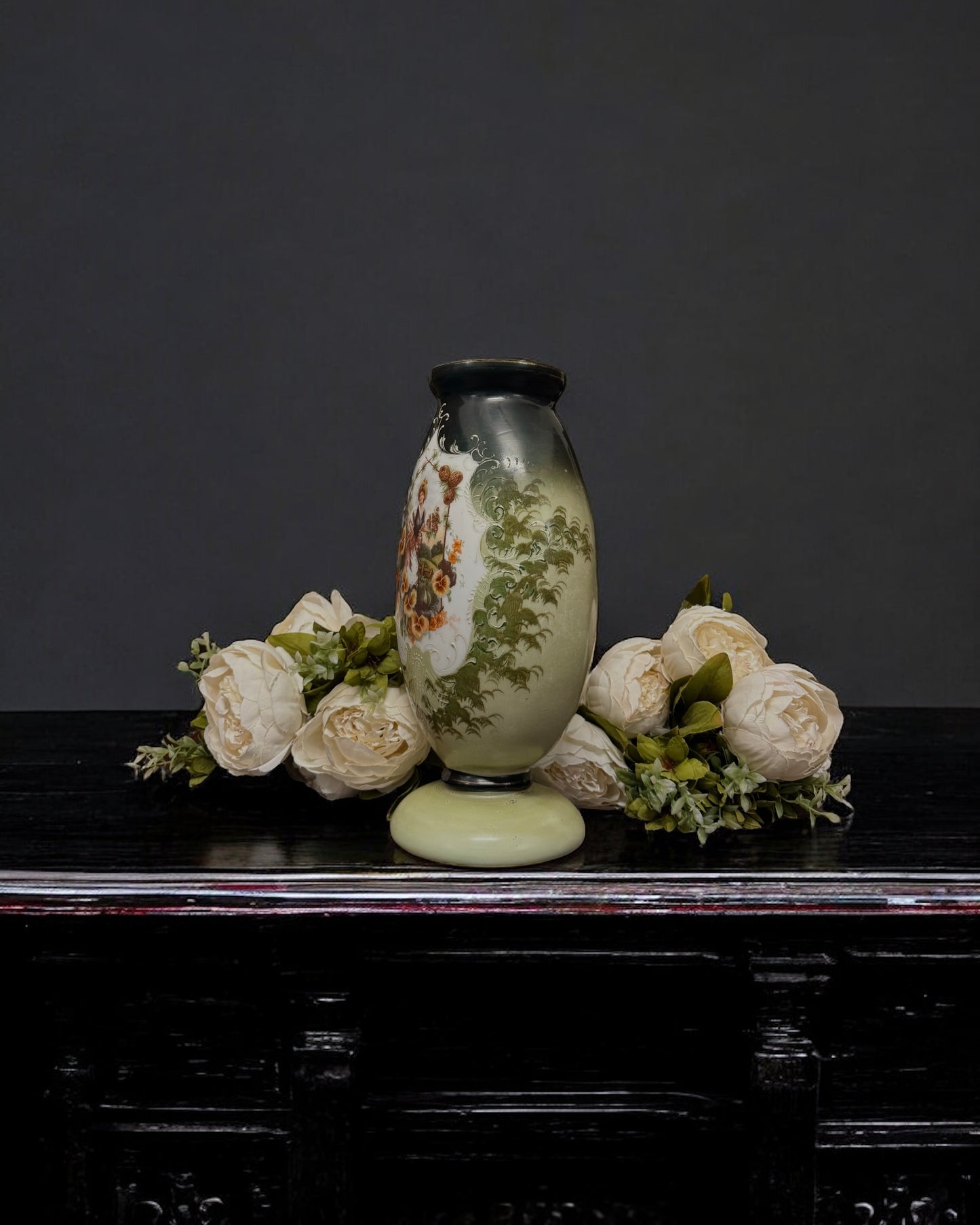 19th Century Victorian Bristol Glass Vase - Handpainted & Transfer Print, England, c.1870-80