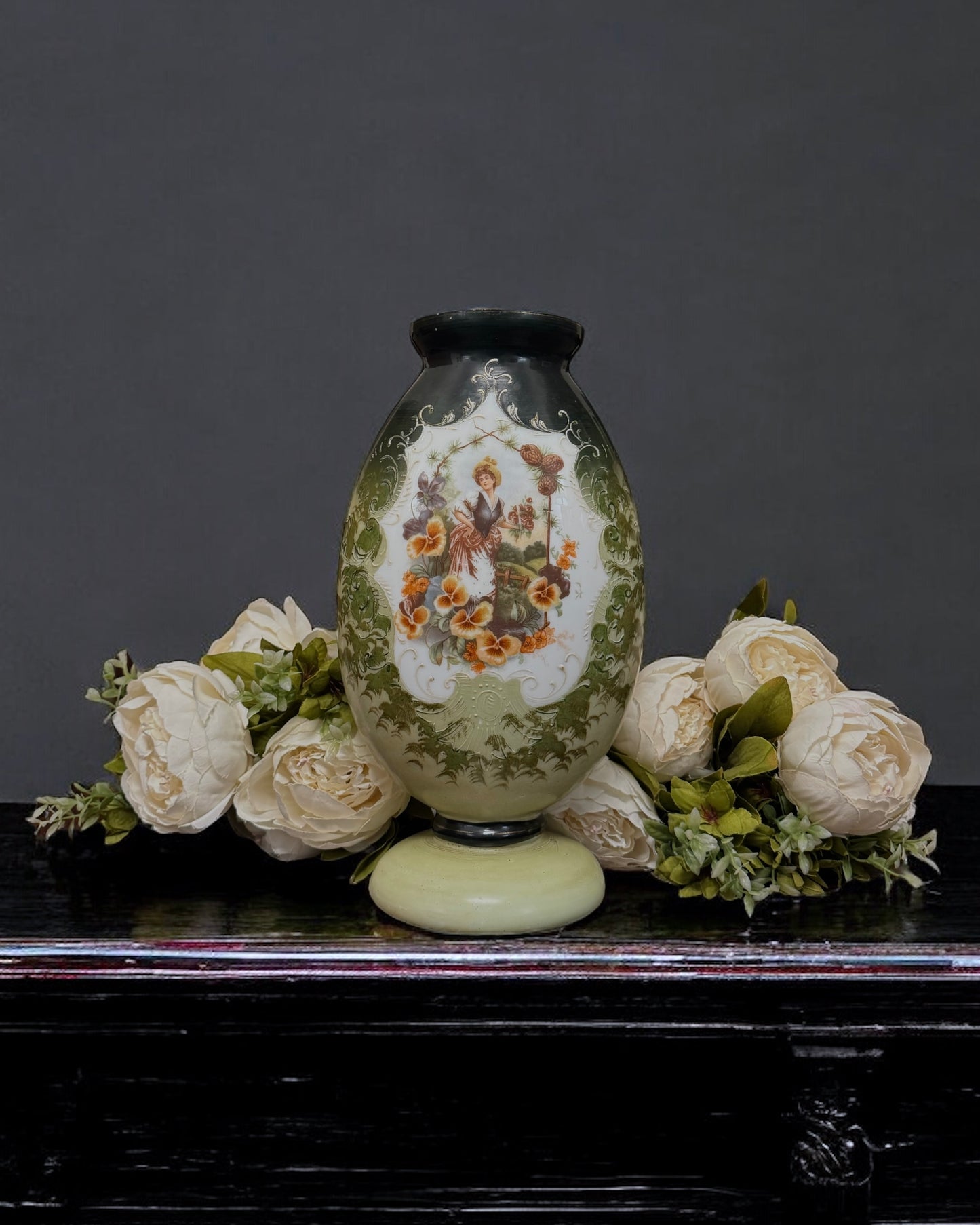 19th Century Victorian Bristol Glass Vase - Handpainted & Transfer Print, England, c.1870-80