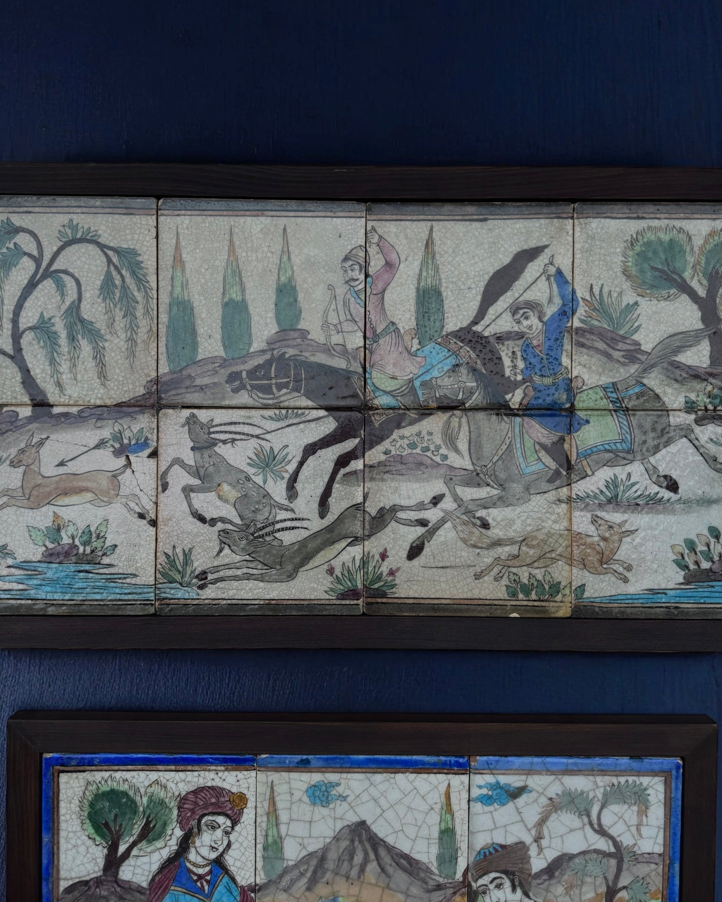 19th Century Persian Qajar Dynasty Pictorial Tiles, Two Framed Sets – Handmade & Hand-painted, Iran, mid 19th century