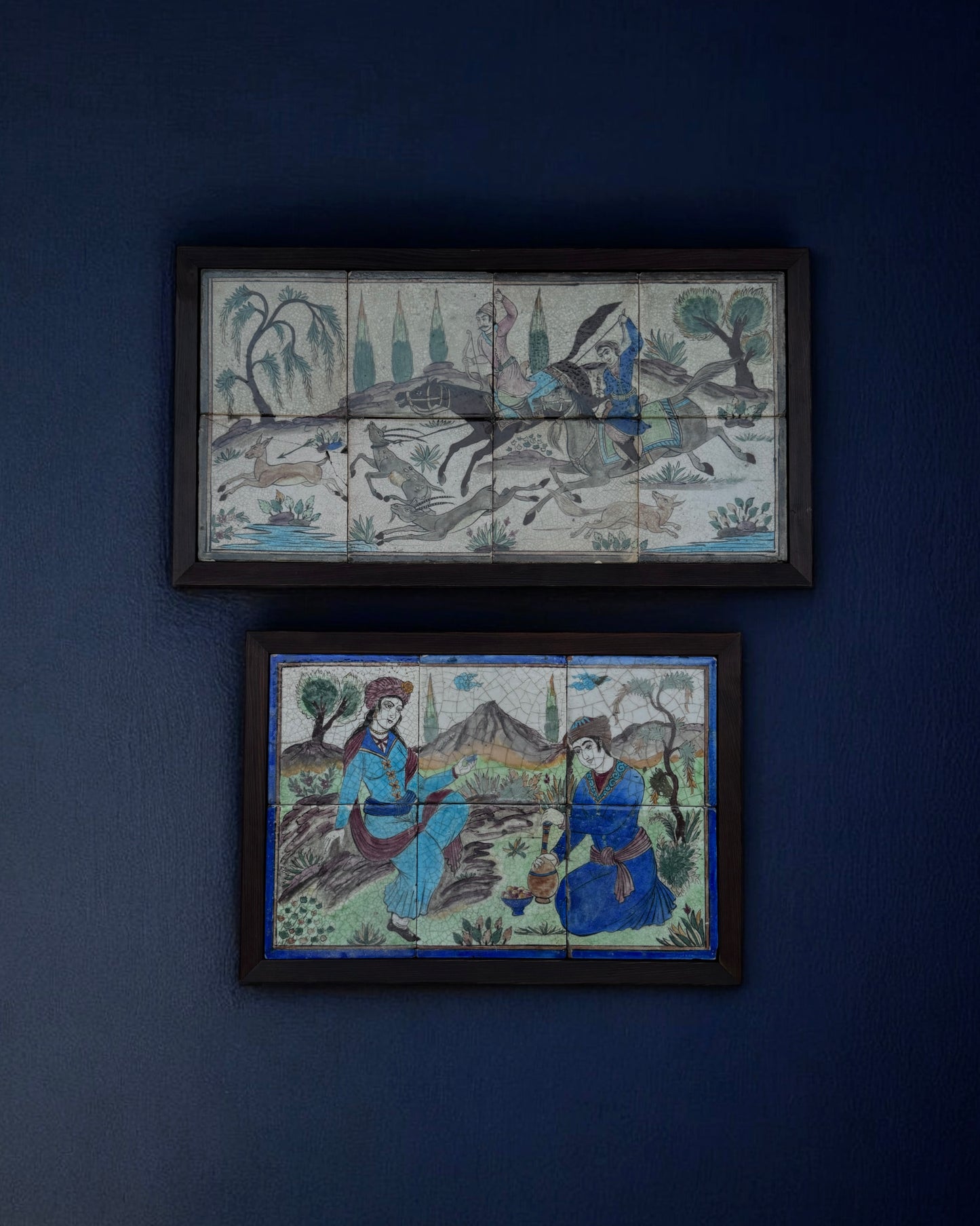 19th Century Persian Qajar Dynasty Pictorial Tiles, Two Framed Sets – Handmade & Hand-painted, Iran, mid 19th century