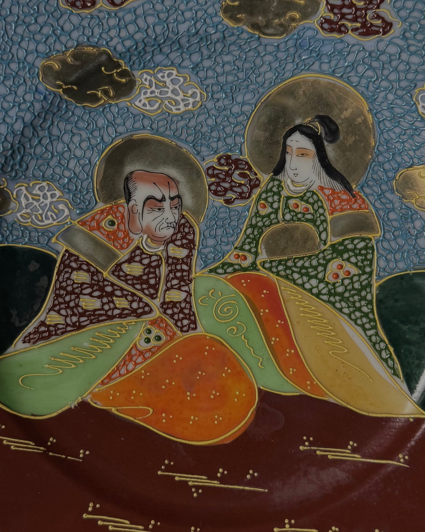 Japanese Satsuma-Style Porcelain Plate “Kannon and an Arhat”. Taishō period (circa 1910–1920), Marked: 大日本特製 (Dai Nippon Tokusei) “Specially Made in Great Japan”