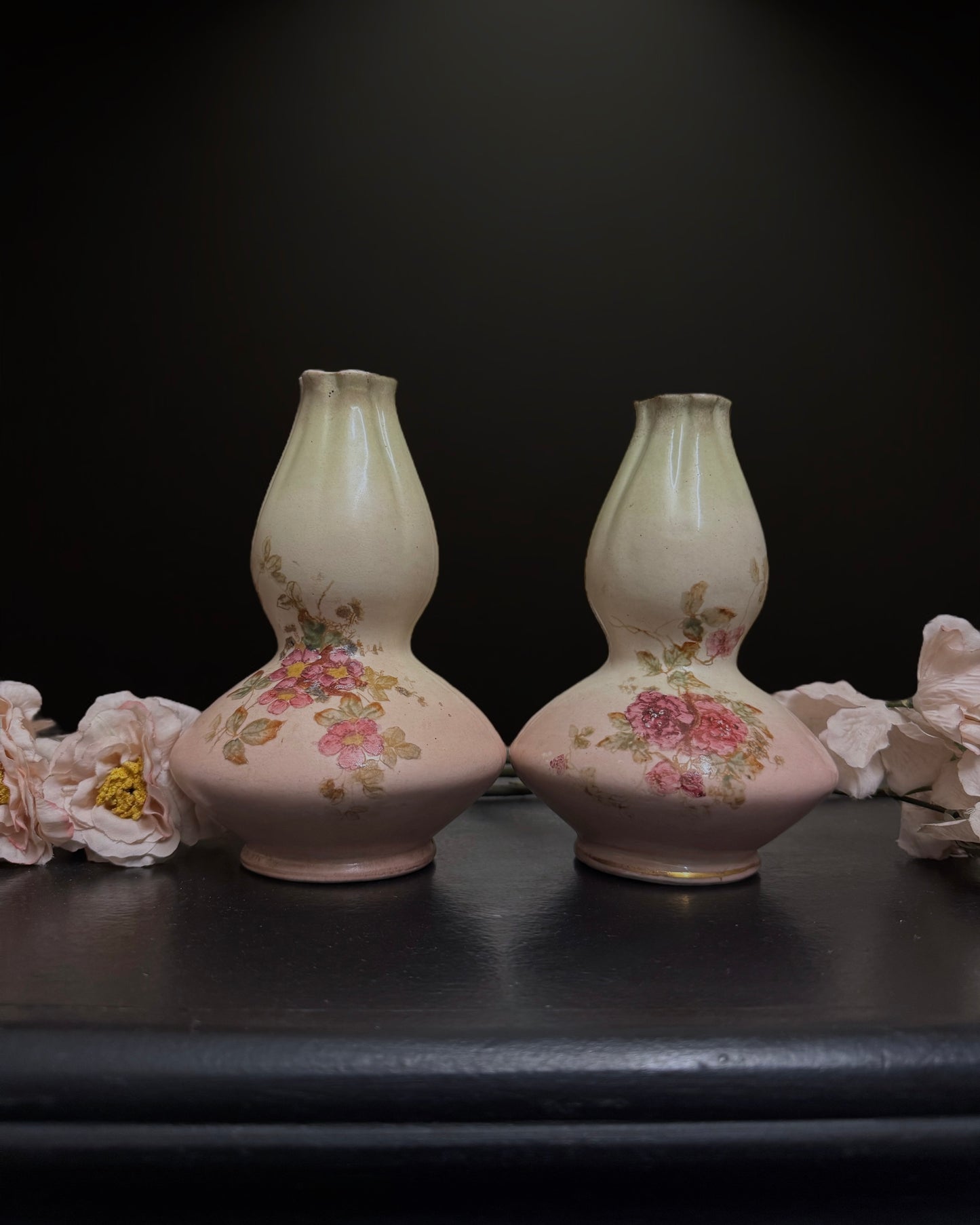 Pair of Hand-Painted Double Gourd Victorian English Vases (c. 1890-1900)