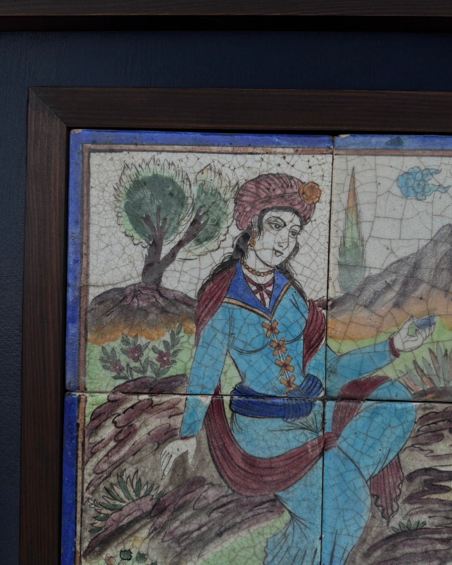 19th Century Persian Qajar Dynasty Pictorial Tiles, Two Framed Sets – Handmade & Hand-painted, Iran, mid 19th century