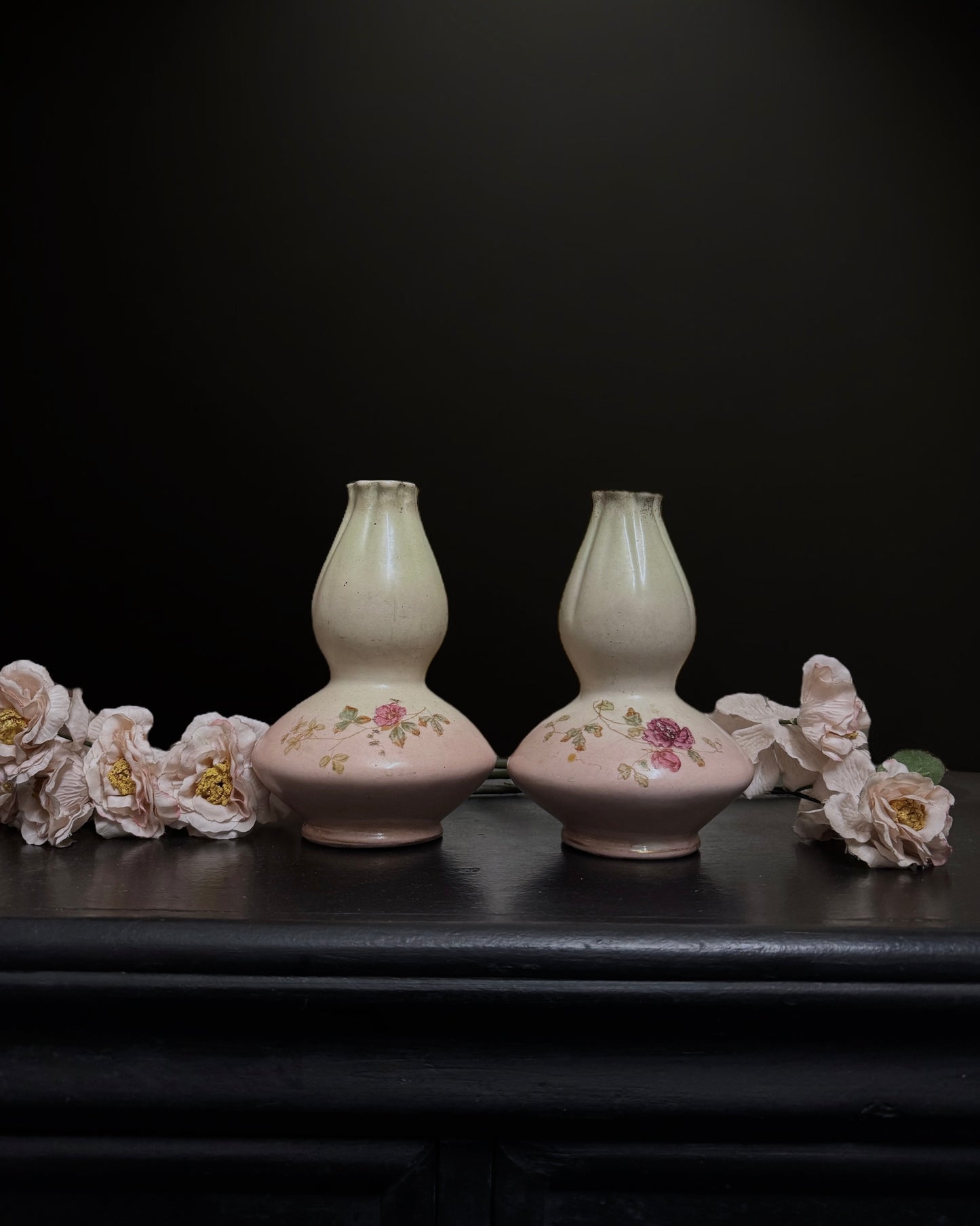 Pair of Hand-Painted Double Gourd Victorian English Vases (c. 1890-1900)
