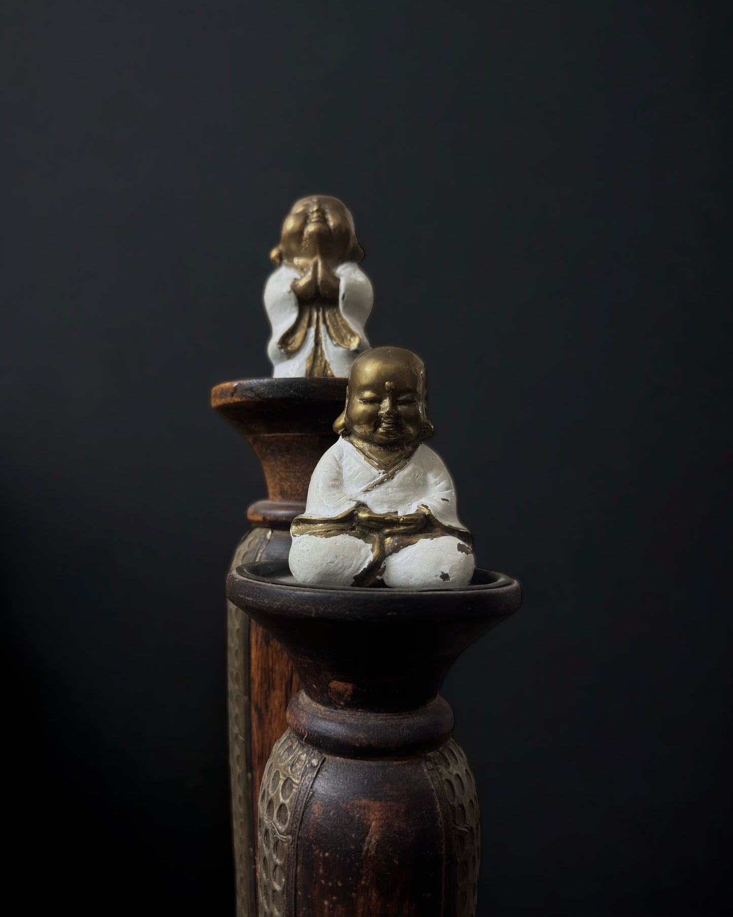 Vintage Chinese Brass and Enamel Happy Buddha Figurines