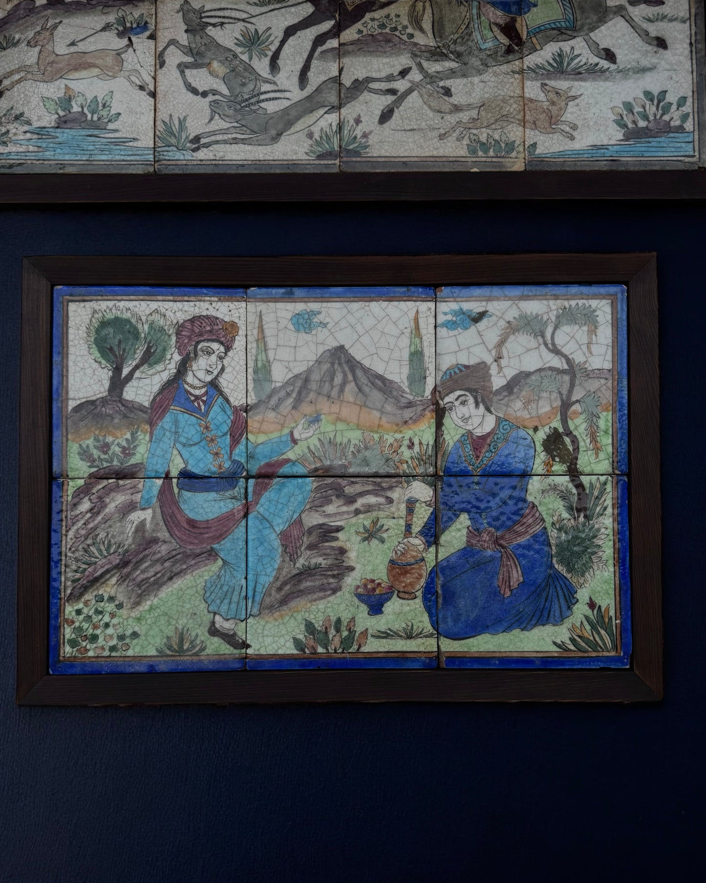 19th Century Persian Qajar Dynasty Pictorial Tiles, Two Framed Sets – Handmade & Hand-painted, Iran, mid 19th century