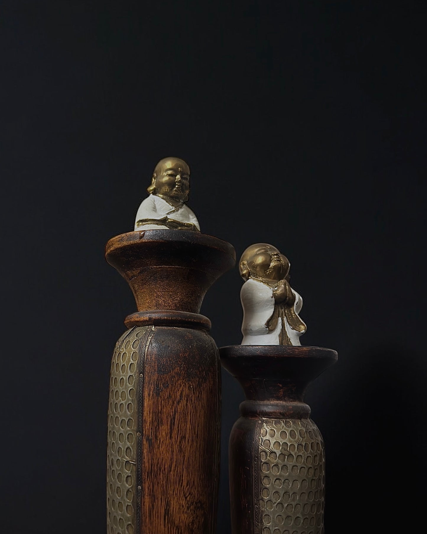 Vintage Chinese Brass and Enamel Happy Buddha Figurines