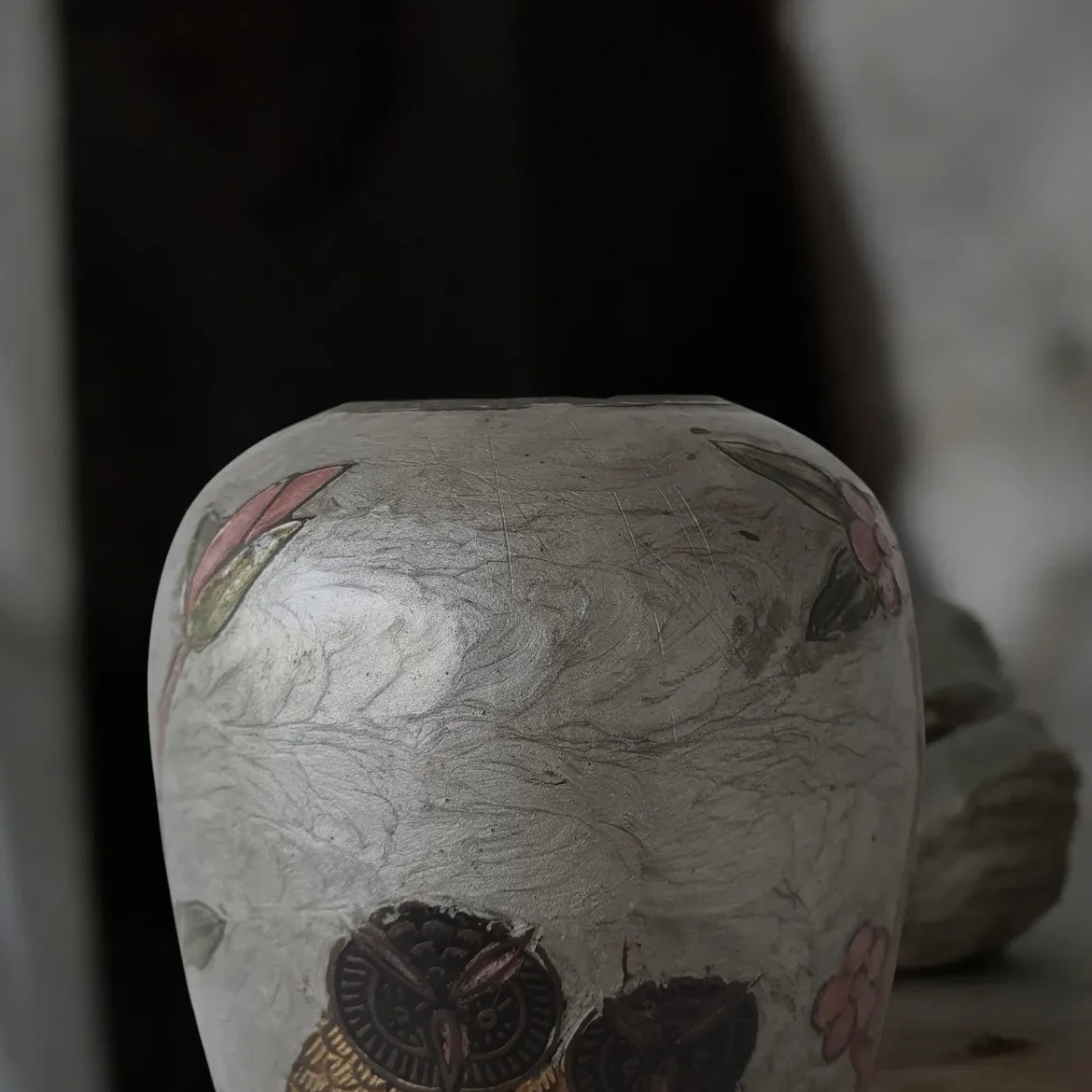 Vintage Asian Brass Vase - Hand-painted & Etched