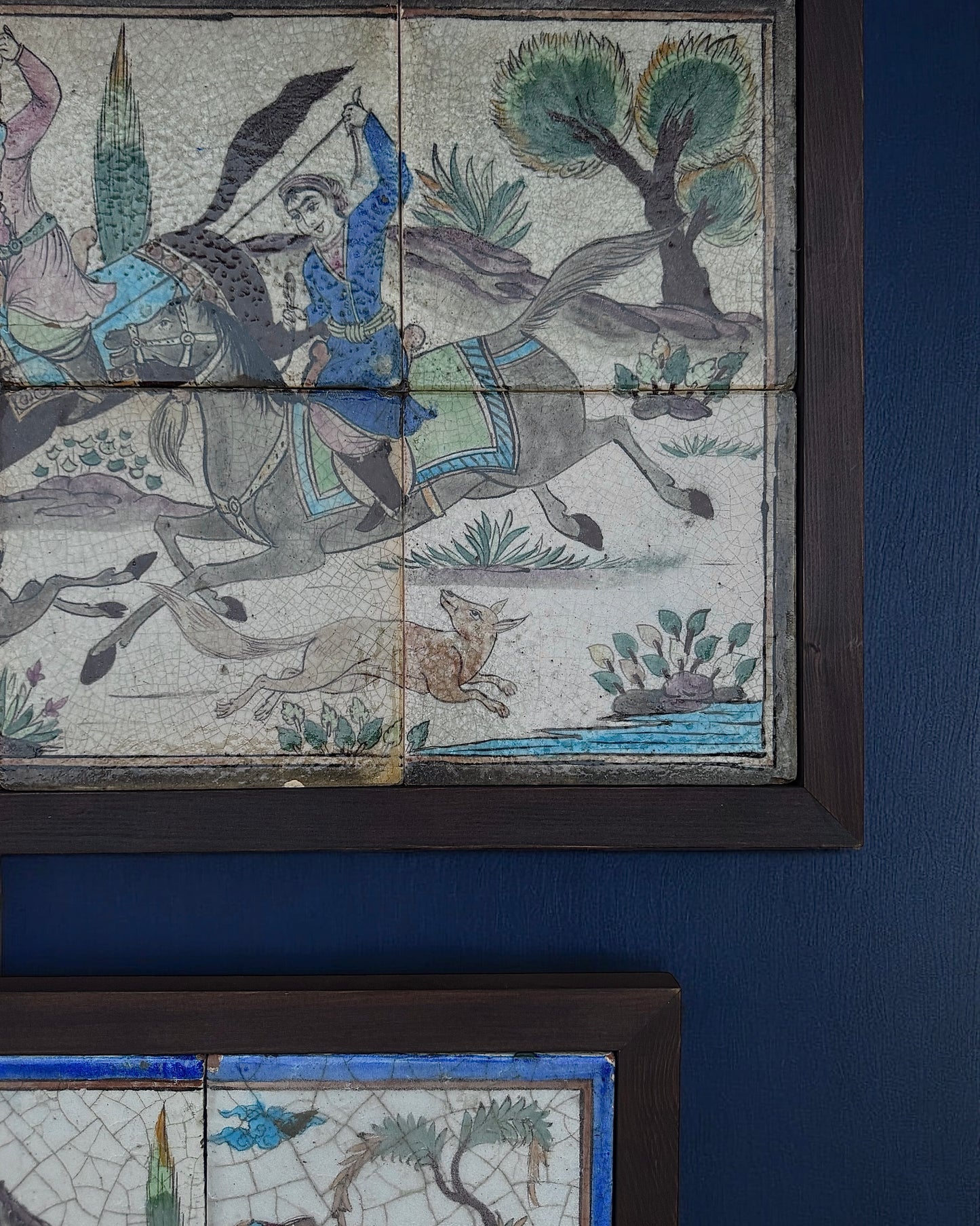 19th Century Persian Qajar Dynasty Pictorial Tiles, Two Framed Sets – Handmade & Hand-painted, Iran, mid 19th century