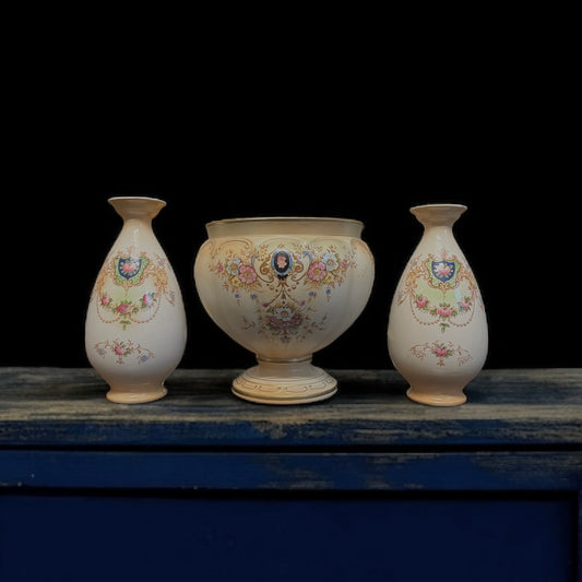 Antique English Crown Devon Fielding’s “Thames” Pattern 3-Piece Set - Circa 1917–1925.