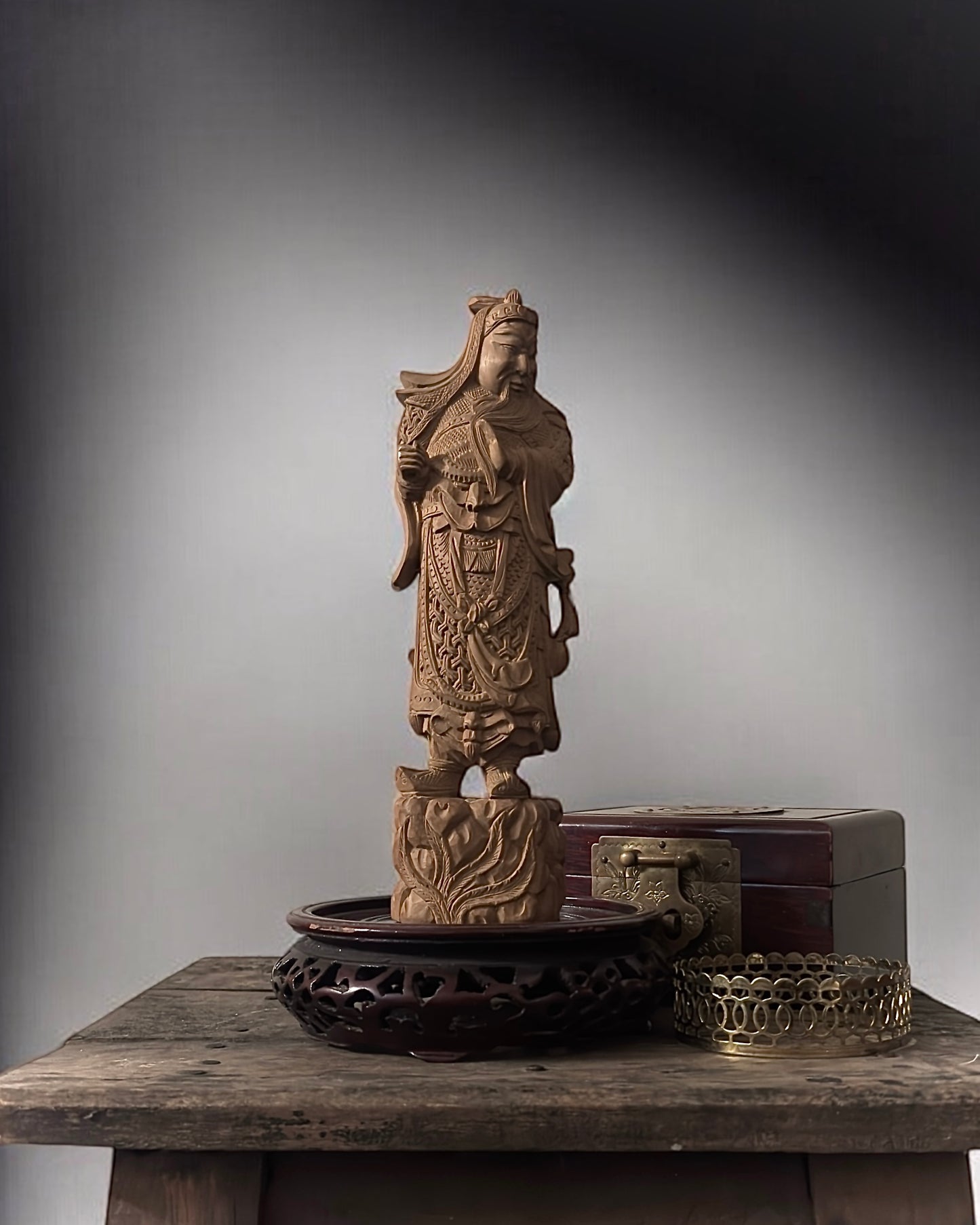 Guan Yu - Chinese Boxwood Figurine. Hand-Carved, Vintage/Mid-Century.