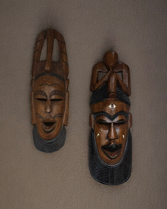 Hand-Carved African Hardwood Masks with Bone Inlay