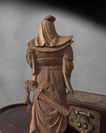 Guan Yu - Chinese Boxwood Figurine. Hand-Carved, Vintage/Mid-Century.