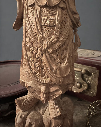 Guan Yu - Chinese Boxwood Figurine. Hand-Carved, Vintage/Mid-Century.