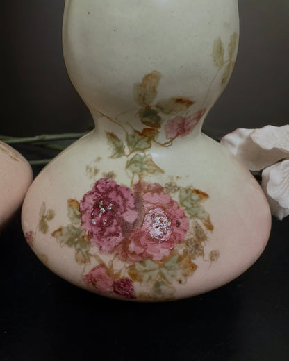 Pair of Hand-Painted Double Gourd Victorian English Vases (c. 1890-1900)