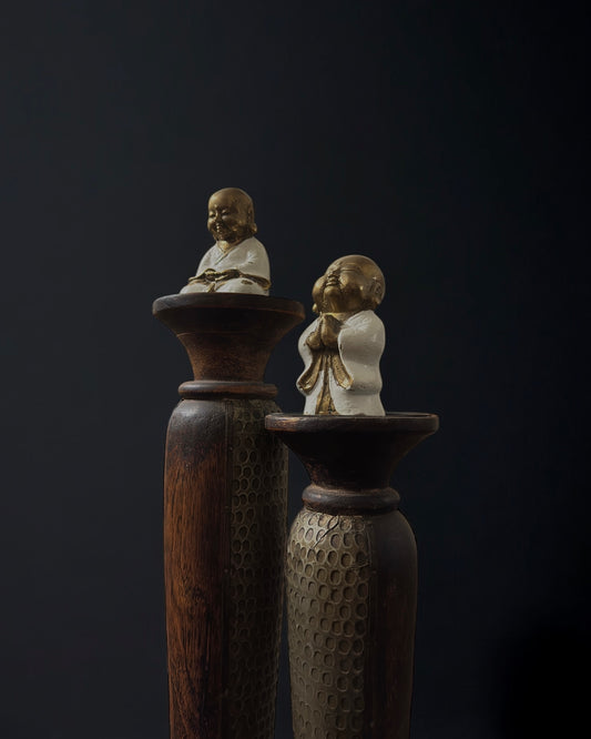Vintage Chinese Brass and Enamel Happy Buddha Figurines