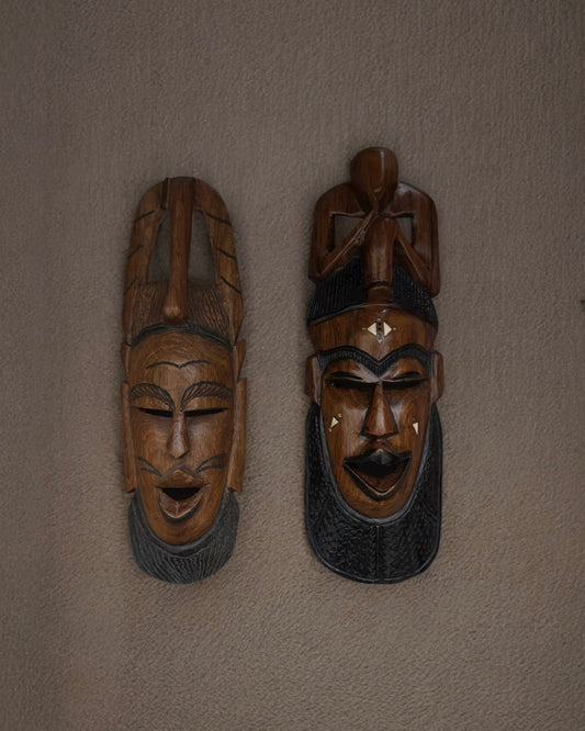 Hand-Carved African Hardwood Masks with Bone Inlay