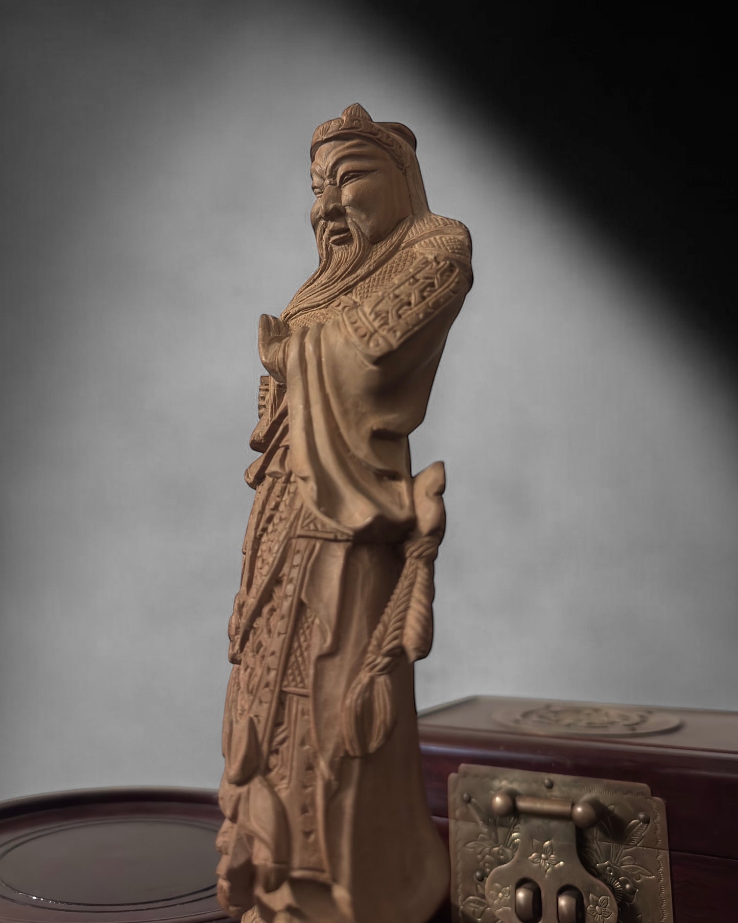 Guan Yu - Chinese Boxwood Figurine. Hand-Carved, Vintage/Mid-Century.