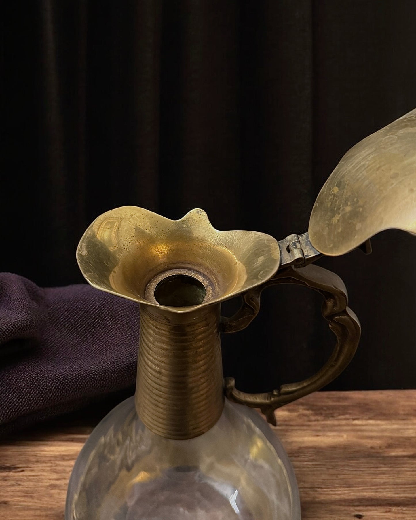 English Brass and Glass Ewer/Decanter (Late Victorian or Edwardian) Most Likely around 1900-1920.