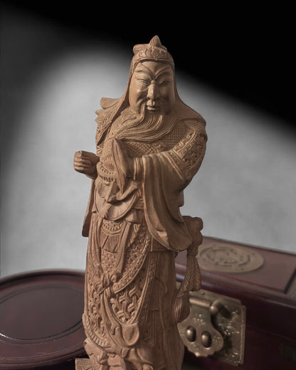 Guan Yu - Chinese Boxwood Figurine. Hand-Carved, Vintage/Mid-Century.