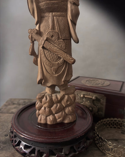 Guan Yu - Chinese Boxwood Figurine. Hand-Carved, Vintage/Mid-Century.