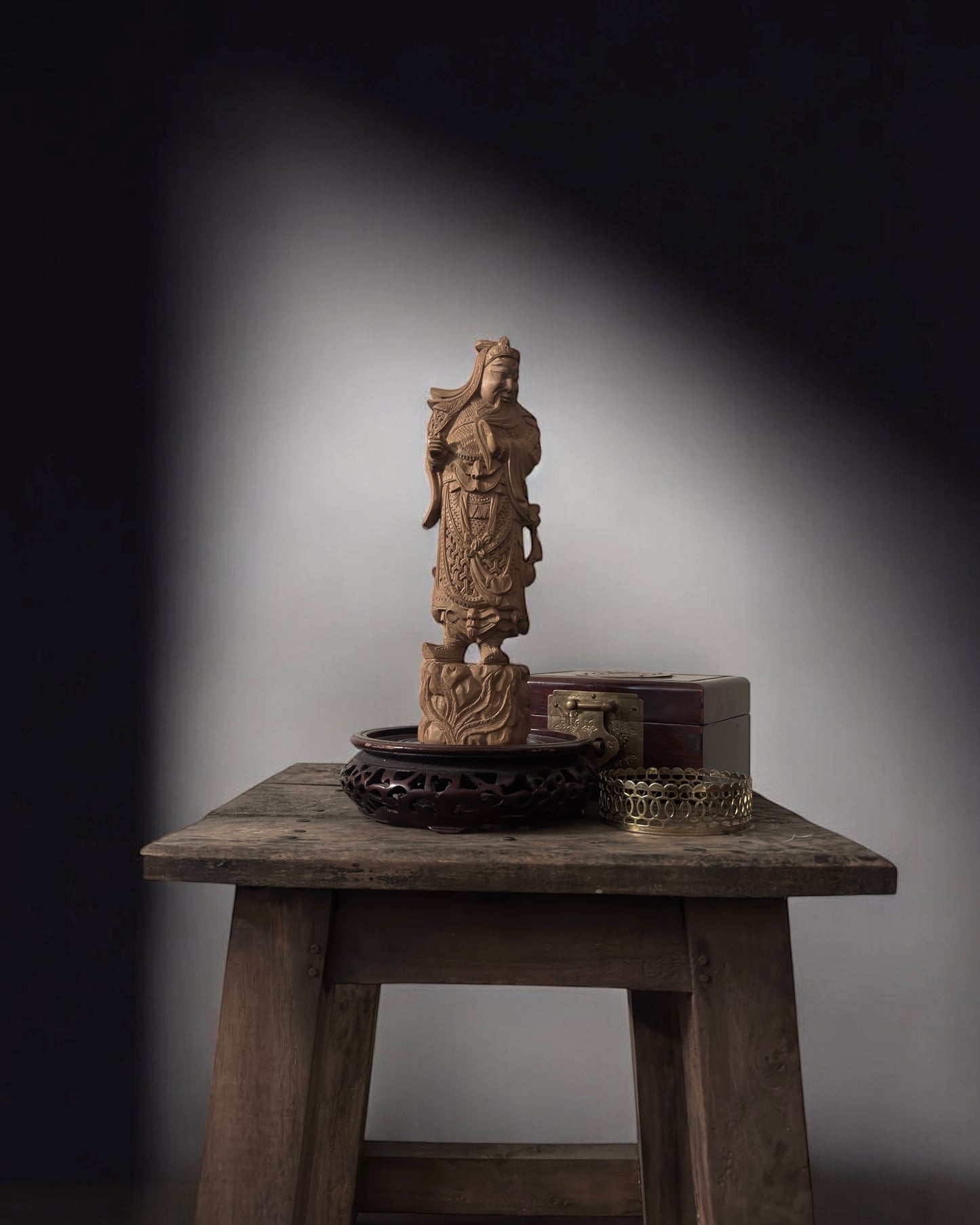 Guan Yu - Chinese Boxwood Figurine. Hand-Carved, Vintage/Mid-Century.