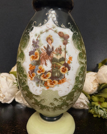 19th Century Victorian Bristol Glass Vase - Handpainted & Transfer Print, England, c.1870-80