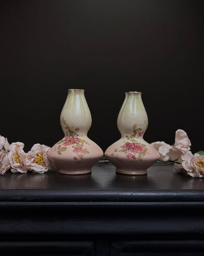 Pair of Hand-Painted Double Gourd Victorian English Vases (c. 1890-1900)