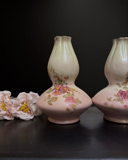 Pair of Hand-Painted Double Gourd Victorian English Vases (c. 1890-1900)