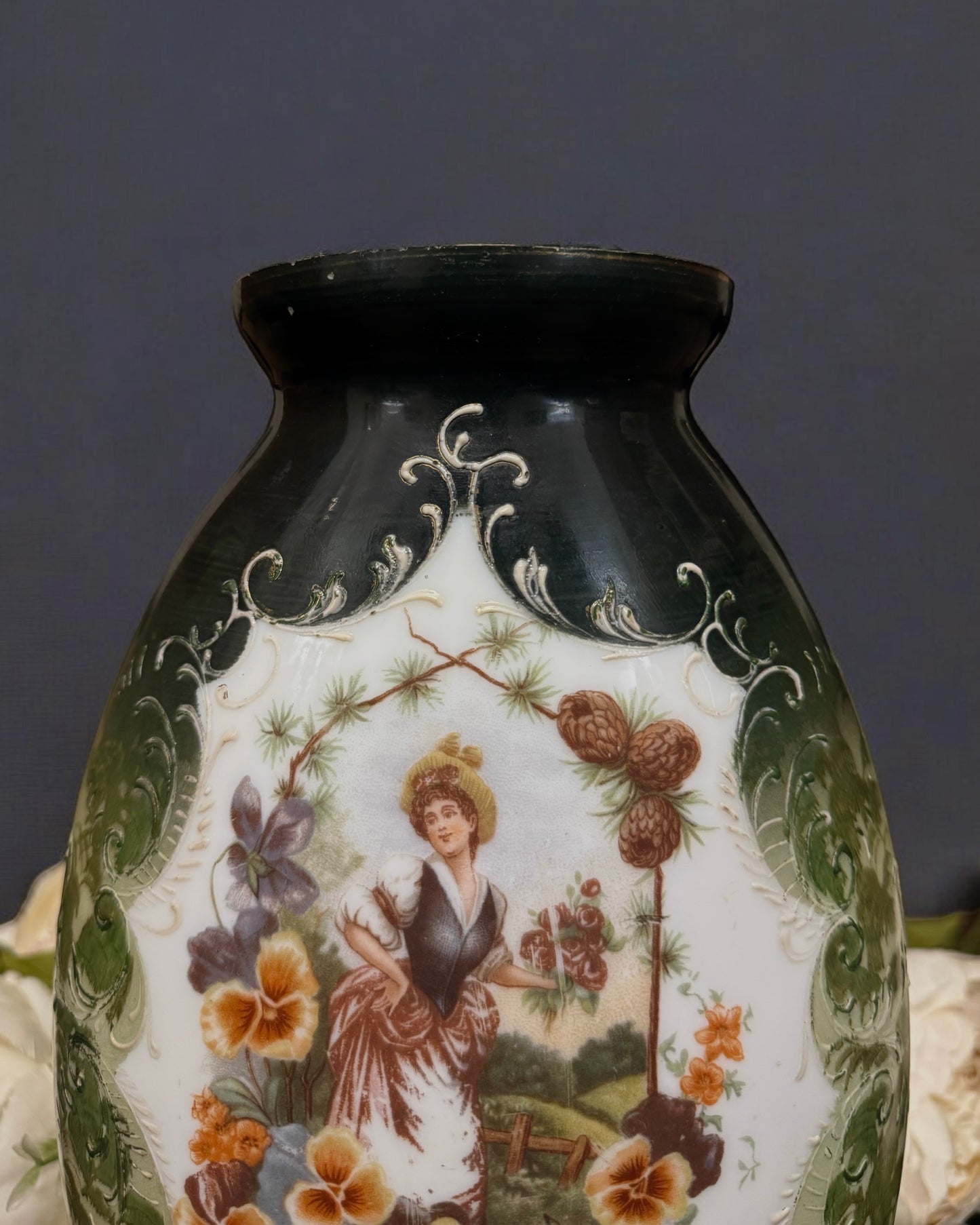 19th Century Victorian Bristol Glass Vase - Handpainted & Transfer Print, England, c.1870-80