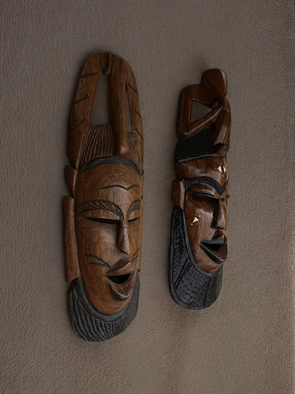 Hand-Carved African Hardwood Masks with Bone Inlay
