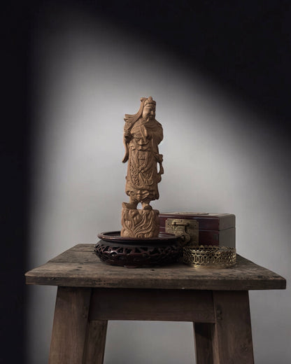 Guan Yu - Chinese Boxwood Figurine. Hand-Carved, Vintage/Mid-Century.