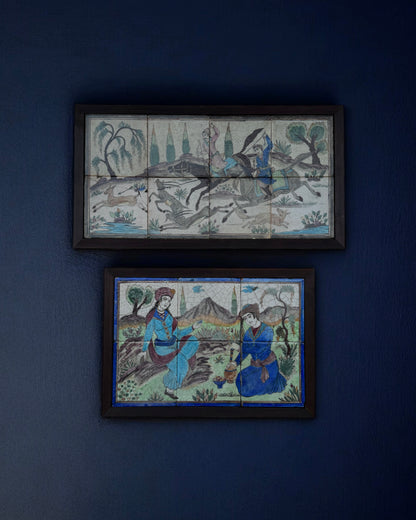 19th Century Persian Qajar Dynasty Pictorial Tiles, Two Framed Sets – Handmade & Hand-painted, Iran, mid 19th century