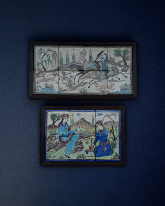 19th Century Persian Qajar Dynasty Pictorial Tiles, Two Framed Sets – Handmade & Hand-painted, Iran, mid 19th century