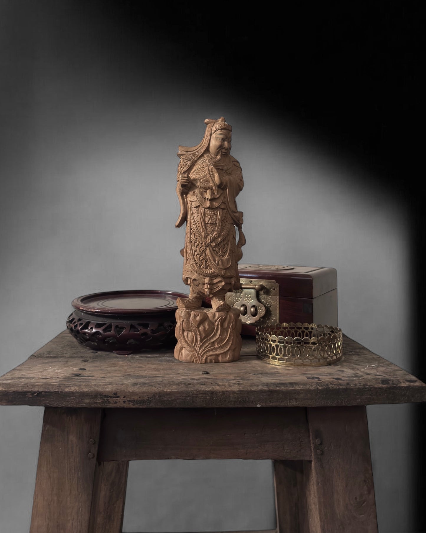 Guan Yu - Chinese Boxwood Figurine. Hand-Carved, Vintage/Mid-Century.