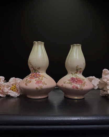 Pair of Hand-Painted Double Gourd Victorian English Vases (c. 1890-1900)