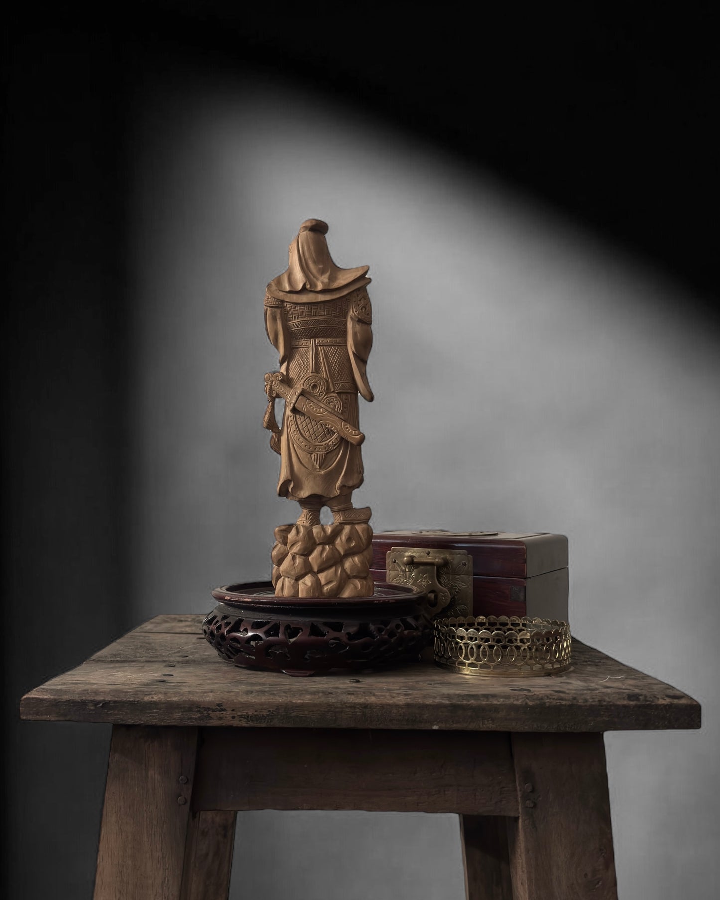 Guan Yu - Chinese Boxwood Figurine. Hand-Carved, Vintage/Mid-Century.